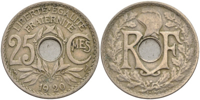 Франция 25 сантимов 1920 KM 867a, Le Franc 171.7 медно-никель 4142-1252