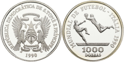 Сан-Томе и Принсипи 1000 добра 1990 чемпионат мира по футболу в Германии, вратарь KM 44 серебро PROOF 00-00