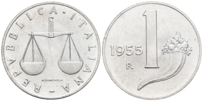 Италия 1 лира 1955 R, весы KM 91 алюминий  UNC  4594-731