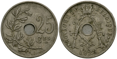 Бельгия 25 сантимов 1928 Belgique KM 68 медно-никель 4165-612