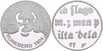 Финляндия 10 евро 2004 200 лет со дня рождения Йохана Людвига Рунеберга, поэт KM 115 серебро  PROOF  11-162-23