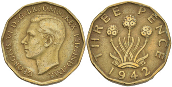 Великобритания 3 пенса 1942 Георг VI (1936-1952) KM 849, Spink 4112 никель латунь 4561-556