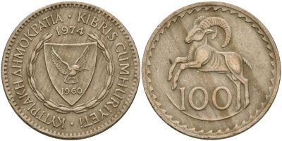 Кипр 100 милсов 1974 европейский муфлон KM 42 медно-никель 4111-1143