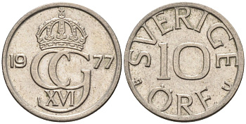Швеция 10 эре 1977 Карл XVI Густав (1973- ) KM 850 медно-никель 4585-417
