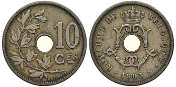 БЕЛЬГИЯ 10 САНТИМОВ 1903 BELGIQUE, РЕДКАЯ, ЛЕОПОЛЬД II (1865-1909) KM 52 медно-никель 27-914