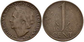 Нидерланды 1 цент 1948 Вильгельмина (1890-1948), год тип KM 175 бронза 4598-137