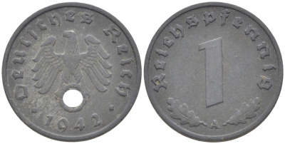 ГЕРМАНИЯ 1 РЕЙХСПФЕННИГ 1942 А KM 97, J. 369 цинк 4181-516