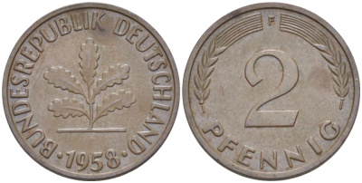 ФРГ 2 ПФЕННИГА 1958 F KM 106, J. 381 бронза 3955-624