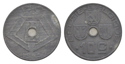 Бельгия 10 сантимов 1945 Belgie - Belgique, Леопольд III (1934-1947), германская оккупация, Вторая мировая война KM 126 цинк 4639-143