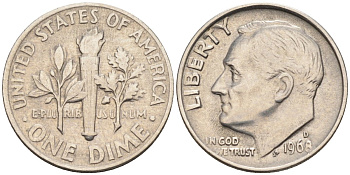 США 10 центов = дайм 1968 D, Рузвельт KM 195а медь плакированная медно-никель 4585-125