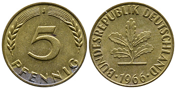 ФРГ 5 ПФЕННИГОВ 1966 J KM 107, J.382 сталь плакированная латунью 26-1115