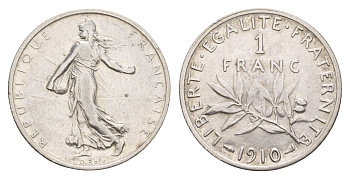Франция 1 франк 1910 KM 844 серебро 4657-551