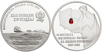 Польша 10 злотых 2009 25 лет со дня убийства Ежи Попелушко, красная слеза KM 701 серебро PROOF 1096-2-51
