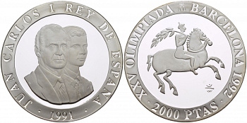 Испания 2000 песет 1991 XXV летние Олимпийские игры 1992 года в Барселоне, средневековый всадник ​KM 889 серебро PROOF 11-178-21