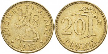 ФИНЛЯНДИЯ 20 ПЕННИ 1973 S KM 47 алюминиевая бронза 3718-1251