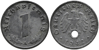 ГЕРМАНИЯ 1 РЕЙХСПФЕННИГ 1942 A KM 97, J.369 цинк 96-724