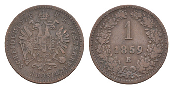 Австрия 1 крейцер 1859 B, Франц Иосиф I (1848-1916) KM 2186 медь 4639-167