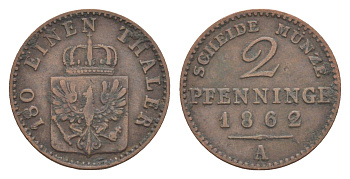 Пруссия 2 пфеннига 1862 A, Вильгельм I (1861-1888) KM 481, Jaeger 51, AKS 107, Olding 425 медь 4651-255
