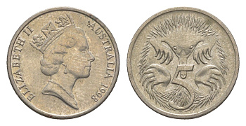 Австралия 5 центов 1998 Елизавета II (1952-2022), ехидна KM 80 медно-никель 4154-168