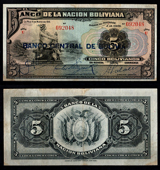 Боливия 5 боливиано 1911 (1929) Pick 113 (3) бумага 6280-16-1-2