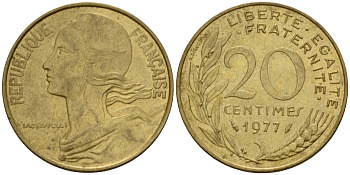 Франция 20 сантимов 1977 тип Marianne KM 930 алюминиевая бронза 4393-342