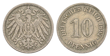 Германия 10 пфеннигов 1892 A, Вильгельм II (1888-1918) KM 12, J. 13 медно-никель 4647-869