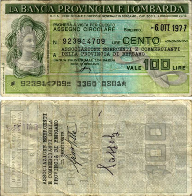 Италия чек на 100 лир 1977 6 октября 1977, La Banca provinciale lombarda бумага 7203-37-2-2