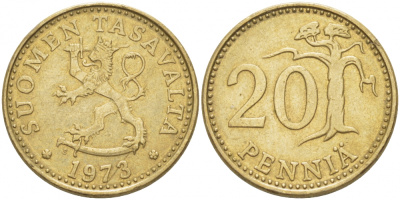 ФИНЛЯНДИЯ 20 ПЕННИ 1973 S KM 47 алюминиевая бронза 3718-1251