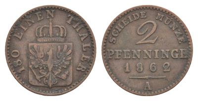 Пруссия 2 пфеннига 1862 A, Вильгельм I (1861-1888) KM 481, Jaeger 51, AKS 107, Olding 425 медь 4651-255