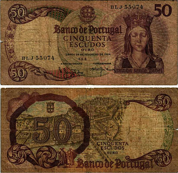 ПОРТУГАЛИЯ 50 ЭСКУДО 1964 28 ФЕВРАЛЯ 1964, КОРОЛЕВА ИЗАБЕЛЛА, КОИМБРА СТАРЫЙ ГОРОД Pick 168 бумага 7222-69-3