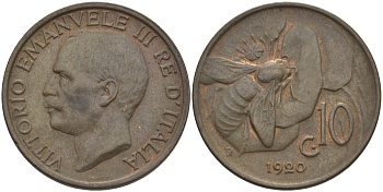 ИТАЛИЯ 10 ЧЕНТЕЗИМО 1920 R, МОНДВОР РИМ, ВИКТОР ЭММАНУИЛ III (1900-1946) KM 60 медь 28-112
