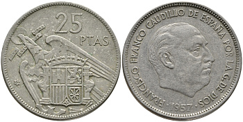 ИСПАНИЯ 25 ПЕСЕТ 1957 (64) ФРАНСИСКО ФРАНКО ДИКТАТОР ИСПАНИИ (1939-1975) KM 787 медно-никель 4382-1245