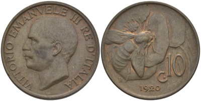 ИТАЛИЯ 10 ЧЕНТЕЗИМО 1920 R, МОНДВОР РИМ, ВИКТОР ЭММАНУИЛ III (1900-1946) KM 60 медь 28-112