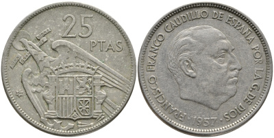 ИСПАНИЯ 25 ПЕСЕТ 1957 (64) ФРАНСИСКО ФРАНКО ДИКТАТОР ИСПАНИИ (1939-1975) KM 787 медно-никель 4382-1245