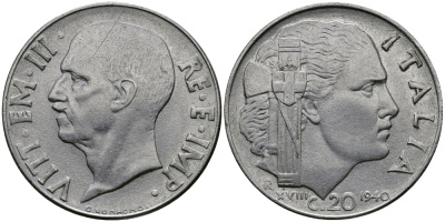 ИТАЛИЯ 20 ЧЕНТЕЗИМО 1940 R, ВИКТОР ИМАНУИЛ, XVIII ГОД KM 75b нержавеющая сталь 98-132