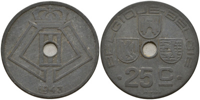 Бельгия 25 сантимов 1943 Belgique - Belgie, Леопольд III (1934-1947), германская оккупация, Вторая мировая война KM 131 цинк 4157-446