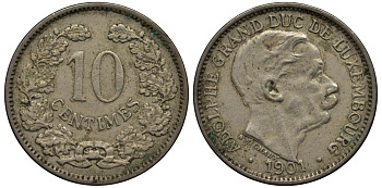 ЛЮКСЕМБУРГ 10 САНТИМОВ 1901 ВЕЛИКИЙ ГЕРЦОГ АДОЛЬФ (1890-1905) КМ 25 медно-никель 4538-717