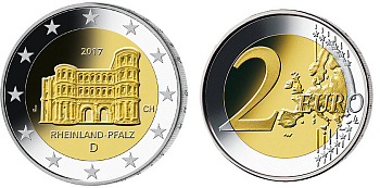 ФРГ 2 евро 2017 D, серия Федеральные земли, Рейнланд-Пфальц, Порта Нигра KM 100 биметалл UNC M15-06