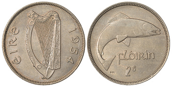 ИРЛАНДИЯ 1 ФЛОРИН 1954 ЛОСОСЬ KM 15a медно-никель 4389-824