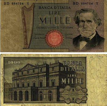 Италия 1000 лир 1975 Джузеппе Верди, Милан Ла Скала Pick 101h бумага 6280-43-1-1