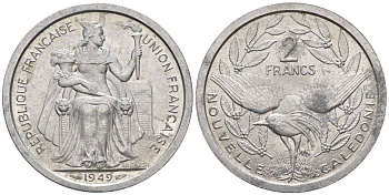 Французская Новая Каледония 2 франка 1949 птица кагу, (IEOM) KM 3, Schoen 3, Lec 55 алюминий    27-314