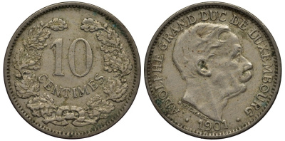 ЛЮКСЕМБУРГ 10 САНТИМОВ 1901 ВЕЛИКИЙ ГЕРЦОГ АДОЛЬФ (1890-1905) КМ 25 медно-никель 4538-717