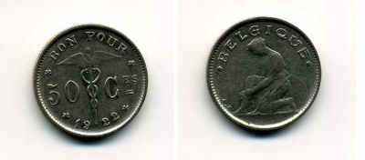 Бельгия 50 сантимов 1922 Belgique, Альберт I (1910-1934) KM 87 никель 37-236