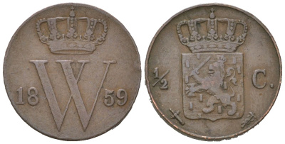 Нидерланды 1/2 цента 1859 Виллем III (1849-1890) KM 90 медь 4173-1263