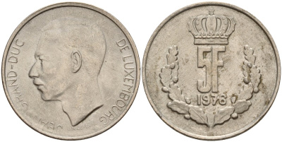 Люксембург 5 франков 1976 Великий герцог Жан (1964-2000) KM 56 медно-никель 4597-1151