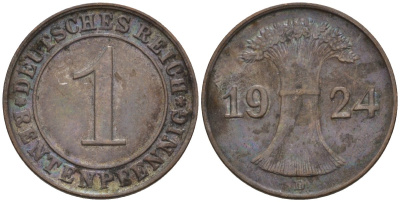 Германия 1 рентенпфенниг 1924 D KM 30, J. 306 бронза 4549-441