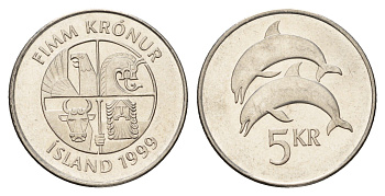 Исландия 5 крон 1999 дельфины KM 28a сталь плакированная никелем UNC 4691-421