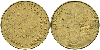 Франция 20 сантимов 1975 KM 930 алюминиевая бронза 4150-833