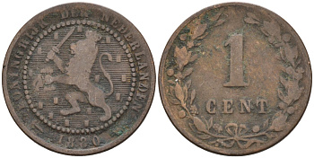 Нидерланды 1 цент 1880 Виллем III (1849-1890) KM 107 бронза 4576-552