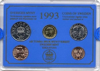 Швеция набор монетного двора из 4 монет + жетон 1993 в пластике, Карл XVI Густав (1973- ) KM MS68 UNC 7-5-7-200